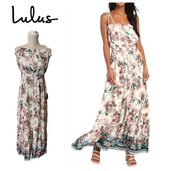 Lulu’s Always Excelling Ivory Floral Tie-Strap Button-Front Maxi Dress - Picture 1 of 17